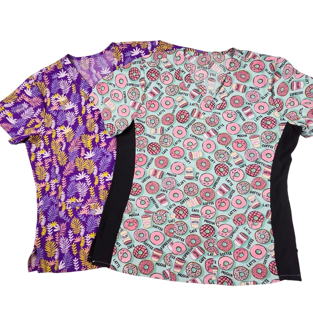 2‎ Divine Stretch Womens Scrub Tops Large Purple Coffee Donut Print Nurse Dental